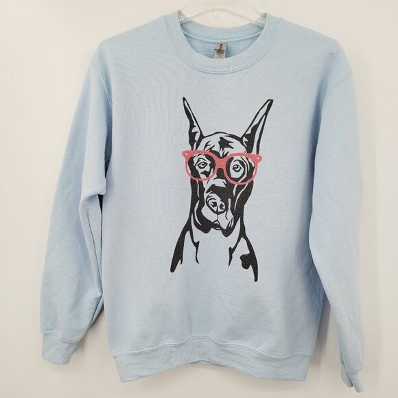 Doberman Wearing Red Glasses Graphic Crewneck Sweatshirt Light Blue - Picture 1 of 4